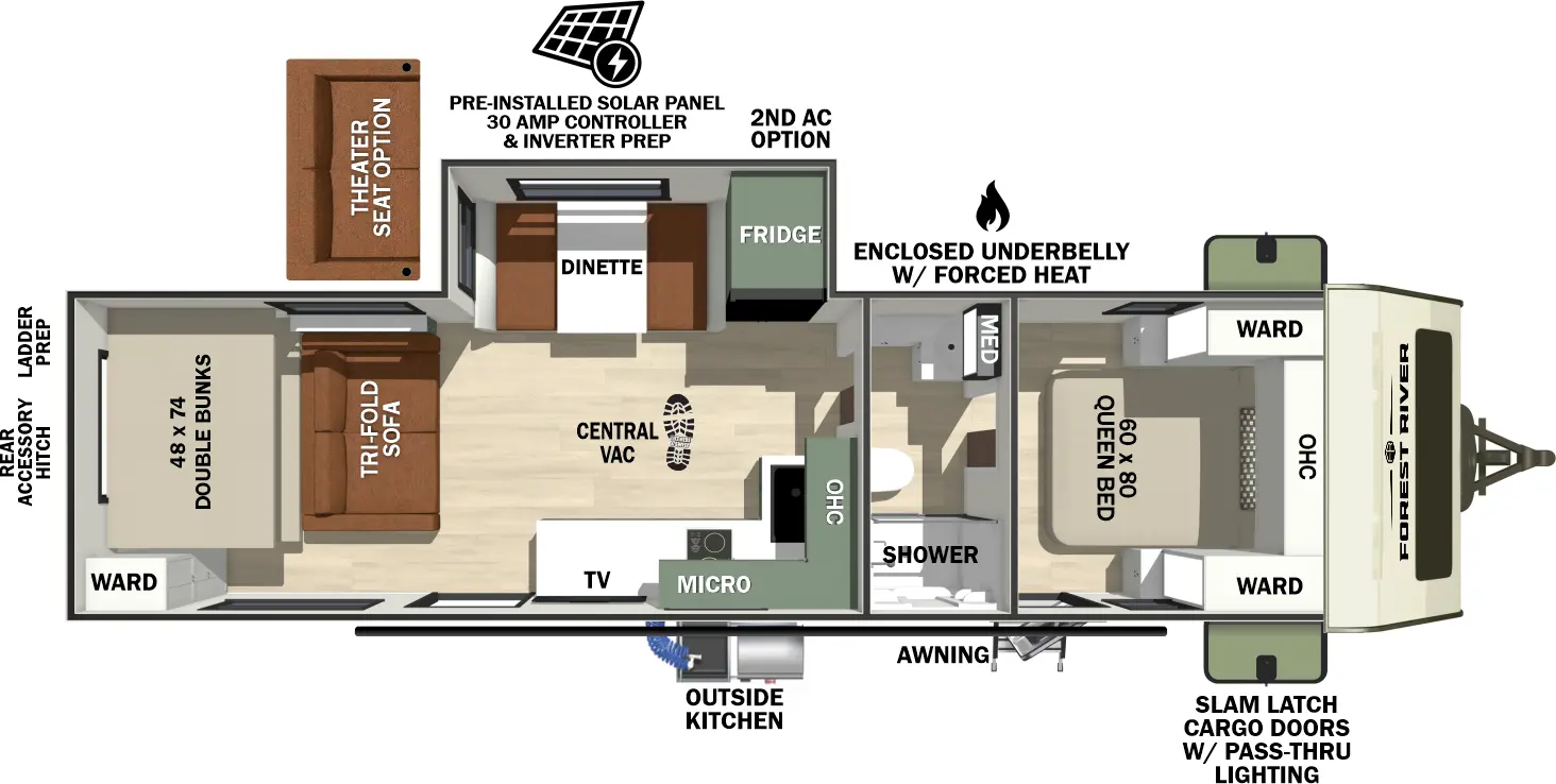 The No Boundaries NB20.9 floorplan has two entries and one slide out. Exterior features include: fiberglass exterior, 21' awning and outside kitchen. Interiors features include: bunk beds, front bedroom and pass through bathroom.